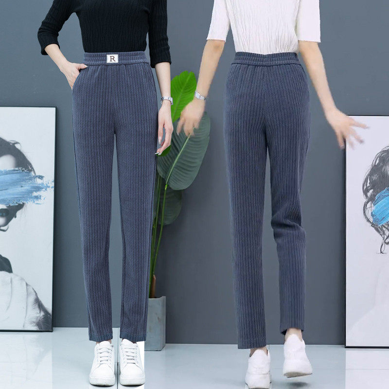 2025春季新款女士灰色直筒小脚裤女休闲百搭显瘦条绒春秋
