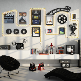 高分子_B01电影主题发光照片墙黑白现代简约装 饰组合相框LED灯带