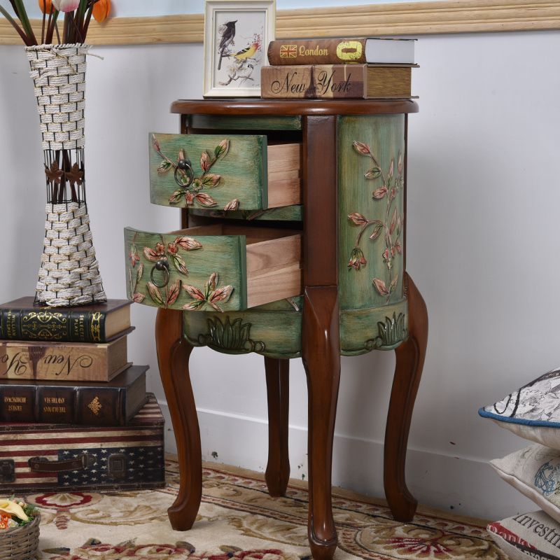 yu美式客厅实木沙发边几简约复古角几小圆桌茶几斗柜床头储物小边