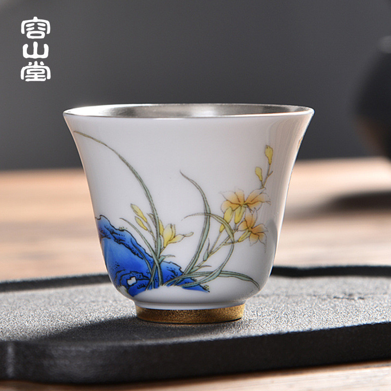 容山堂固德鎏银羊脂玉瓷茶杯陶瓷手绘小品茗杯主人杯个人单杯茶盏