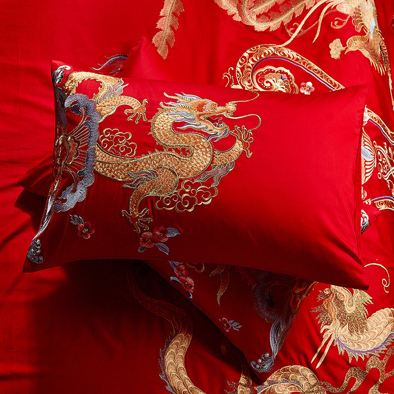 全棉枕套 大红刺绣枕头套结婚床上用品 一对装婚庆陪嫁纯棉信封枕