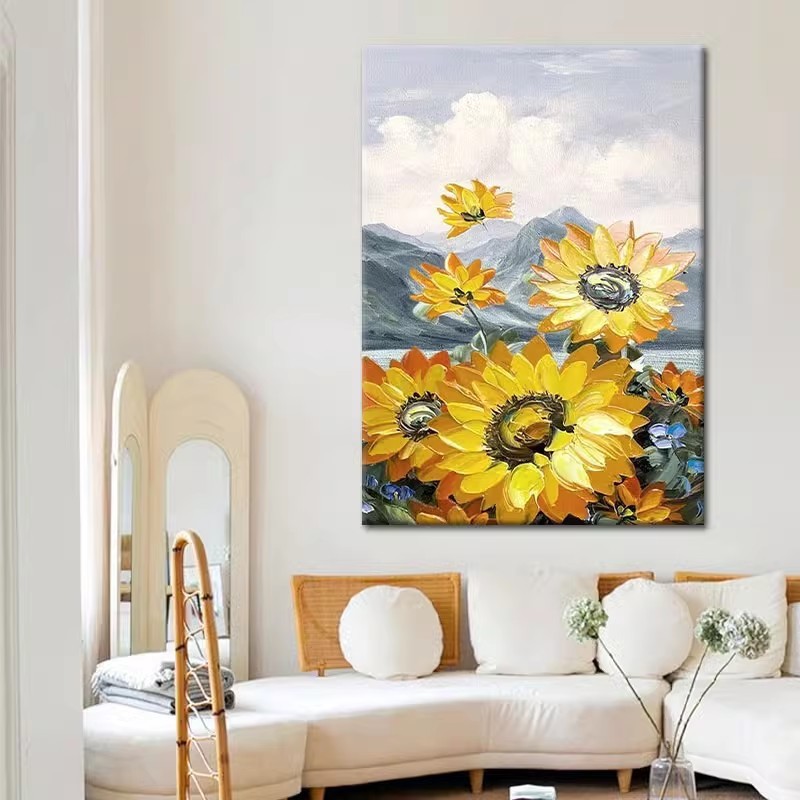 纯手绘向日葵油画大幅落地立体客厅沙发玄关装饰画肌理画手工挂画