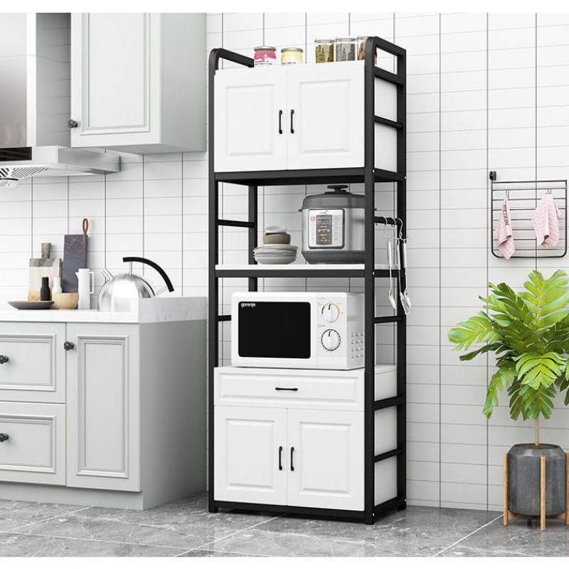 热销js欧式厨房置物架落地多层带柜门微波炉烤箱收纳架厨具锅架储