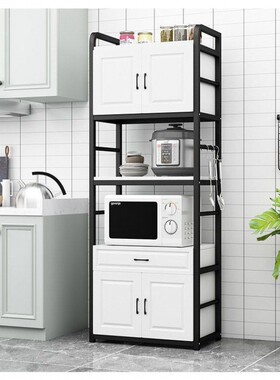 热销js欧式厨房置物架落地多层带柜门微波炉烤箱收纳架厨具锅架储