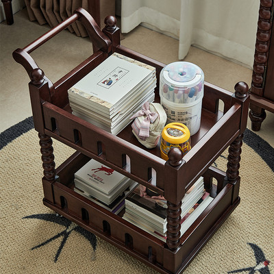 一具一家复古实木可移动书包置物架小茶车餐车沙发边几法式小推车