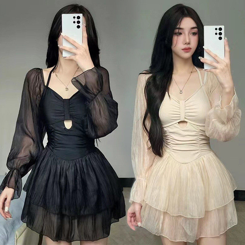 泳衣女款连体长袖纯色超仙裙式保守遮肉ins风度假泡温泉专业泳衣