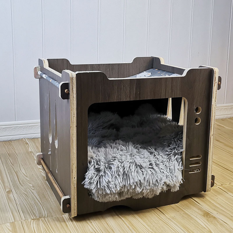 热销木质猫房狗窝实木宠物窝猫窝子实木房子吊床屋可拆卸宠物窝四