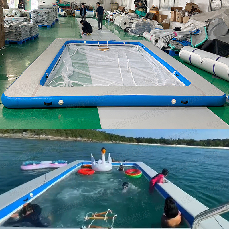 海上水池浮台带座椅防溺水带网拉丝潜充气游泳池游艇滑梯充气躺椅