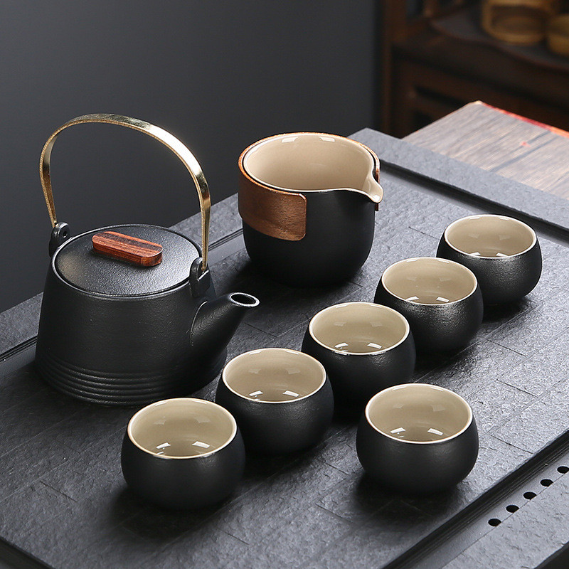 黑陶提梁壶一壶六杯手抓公道杯家用办公泡茶壶茶具套装