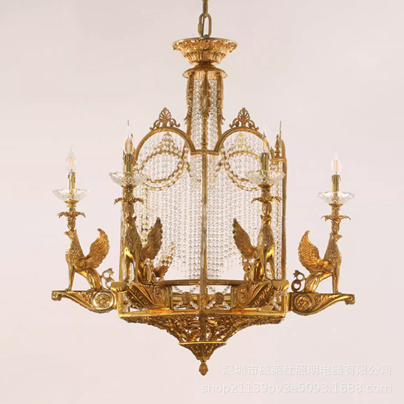 热销水晶脱蜡全铜吊灯欧式宫廷复式楼奢华别墅法式客厅餐厅复古狮