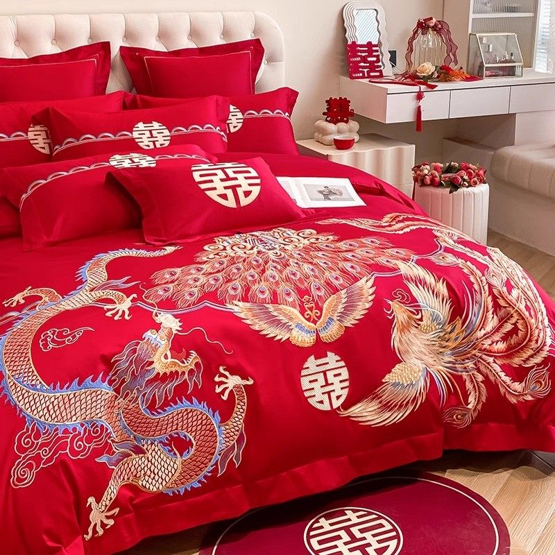 高档龙凤刺绣结婚四件套大红色新婚被套纯棉婚庆床上用品婚房陪嫁,床上用品,婚庆床品套件,淘宝优惠券,粉丝福利购,淘宝优惠卷