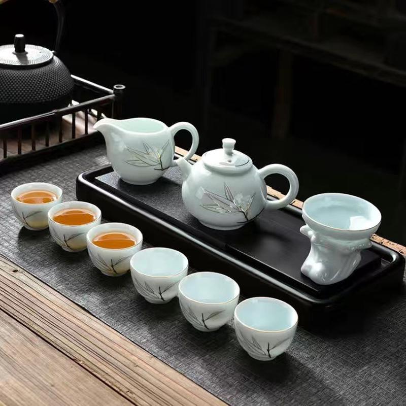 简约三才盖碗茶杯青花描金陶瓷家用待客整套礼品功夫茶具套装批发