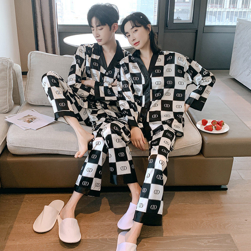 夏季情侣睡衣女冰丝绸薄款长袖高级感印花黑白格大码男夏季可外穿,女士内衣/男士内衣/家居服,睡衣/家居服套装,淘宝优惠券,粉丝福利购,淘宝优惠卷