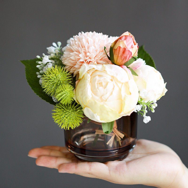 酒店会所售楼处洽谈桌花高仿真焦边牡丹花艺家居卫浴台面装饰摆件