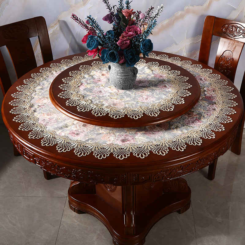 热销GZ6M圆桌布布艺中式圆形桌垫绣花家用餐桌刺绣镂空双层转桌台