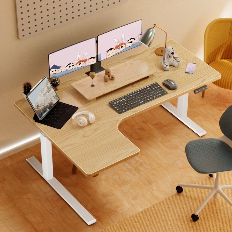 实木双形l电机桌板电动升降桌办公桌可升降电脑桌学习桌书桌