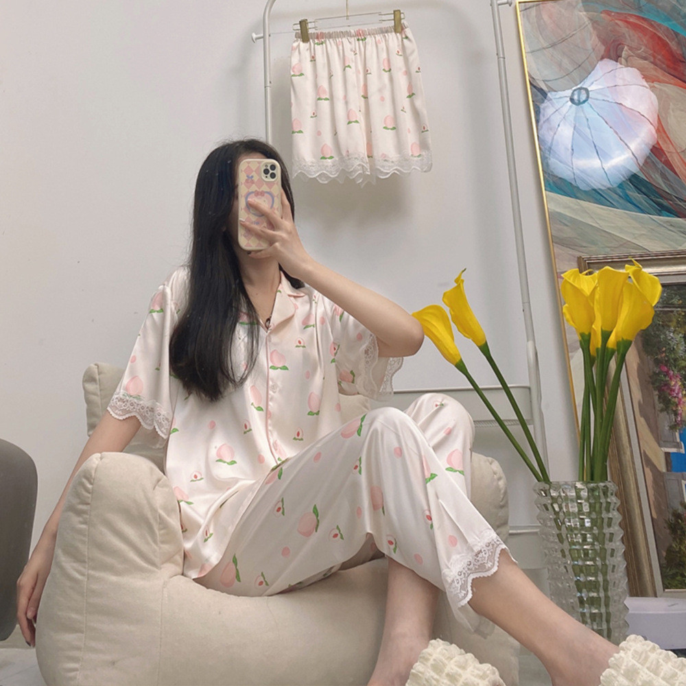 冰丝睡衣女夏季薄款短袖可外穿甜美蕾丝花边冰雪丝绸高级感家居服