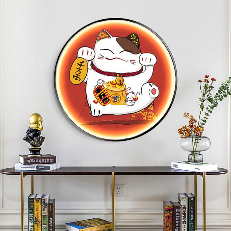 玄关装饰画led带灯灯画发光招财猫创意喜庆挂画卡通创意圆形壁画图片