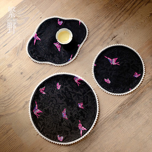 繁野新中式织锦灵蝶圆形茶席刺子绣一人干泡席桌旗桌布茶几茶垫子