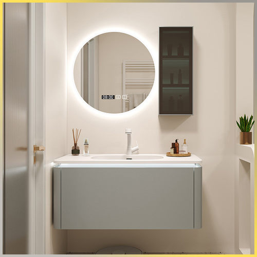 热销浴室柜组合可丽耐一体盆国产橡胶木烤漆智能卫生间洗脸洗漱盆