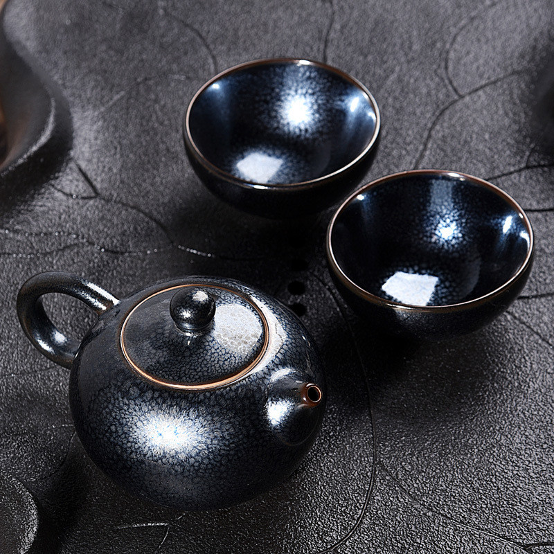 热销陈为椿窑变星空天目一壶二杯泡茶壶名家养手工陶瓷工夫旅行茶