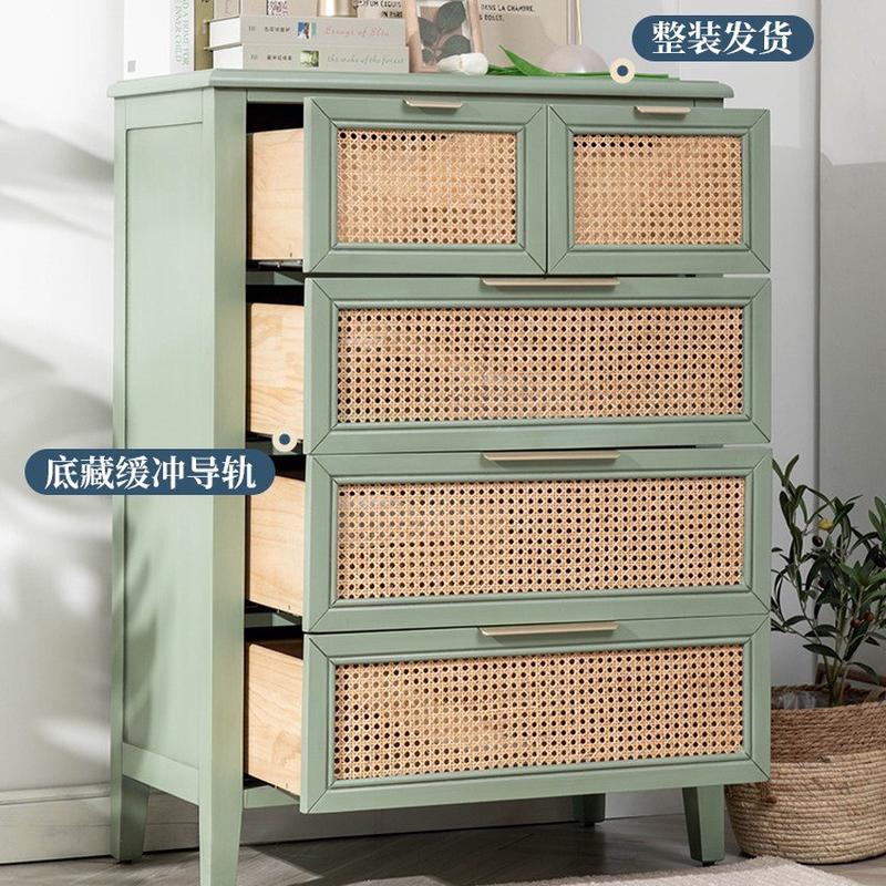 热销美式藤编抽屉收纳柜卧室床尾储物边柜复古五斗橱玄关实木柜子