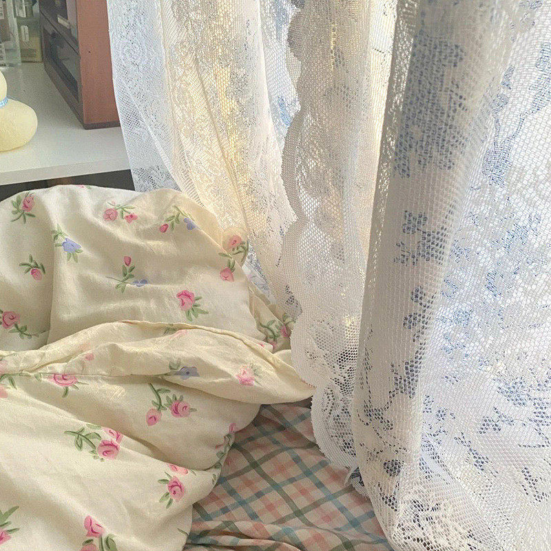vjw5批发乡村复古田园风蕾丝双层美式半遮光窗帘纱帘小碎花飘窗卧