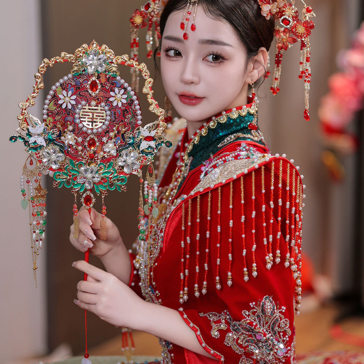 红色蕾丝新娘结婚秀禾diy双面成品遮面蓝色百搭中式成品喜扇9046