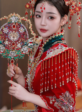 红色蕾丝新娘中式秀禾结婚双面成品遮面蓝色百搭diy成品喜扇9046