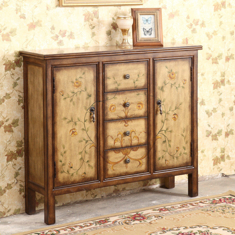 至高绘美式玄关柜复古彩绘家具客厅餐边柜进门隔断屏风装饰柜整装