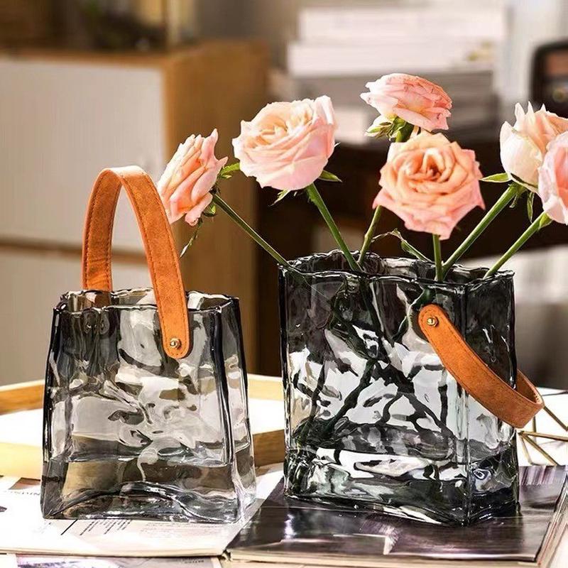 北欧ins手提包原色玻璃花瓶水养鲜花鱼缸插花客厅餐桌摆件