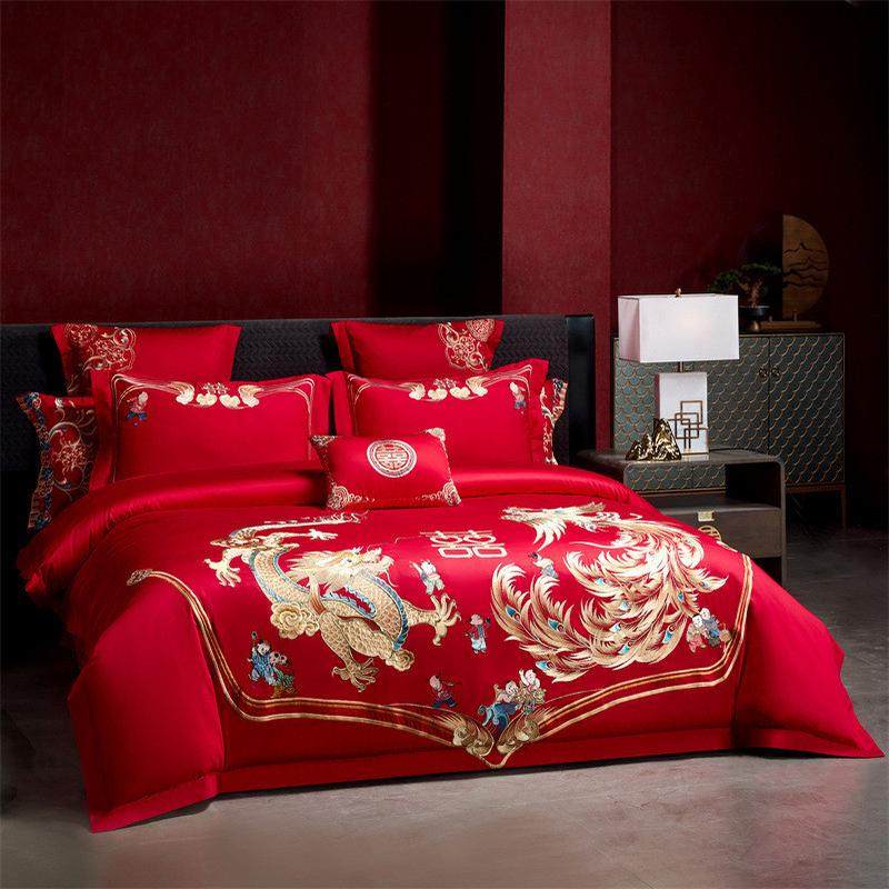 新中式结婚床上用品件套刺绣婚庆大红四件套全棉绣花六件套十龙凤,床上用品,婚庆床品套件,淘宝优惠券,粉丝福利购,淘宝优惠卷
