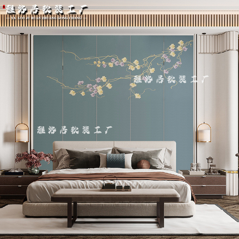 新中式刺绣硬包背景墙定制电视客厅装饰壁画卧室床头护墙板木饰面图片
