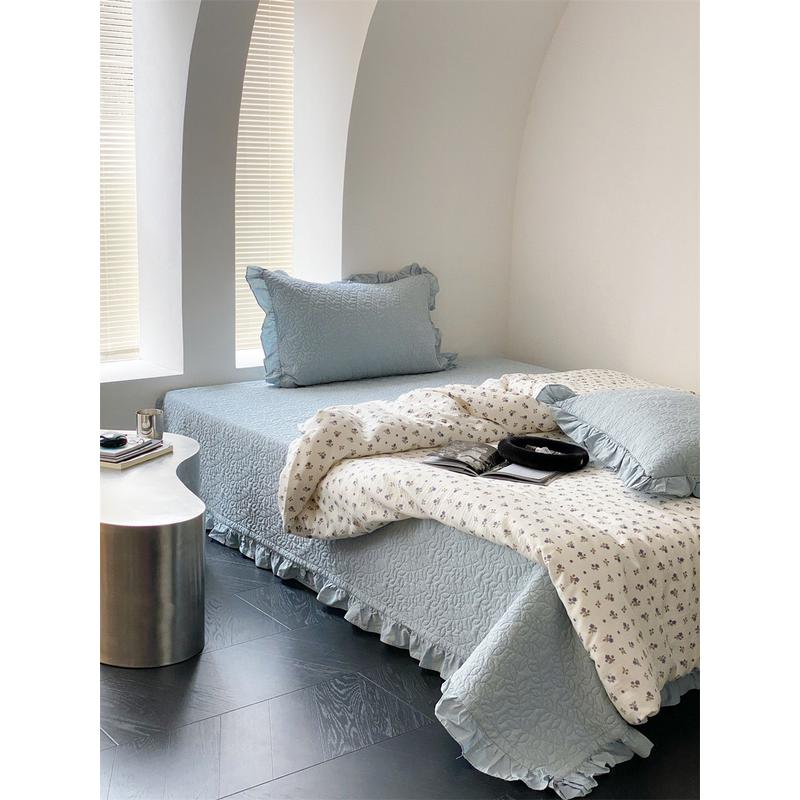 双层素色夹棉加厚床单荷叶边纱被套ins全棉水洗棉绗缝床盖三件套