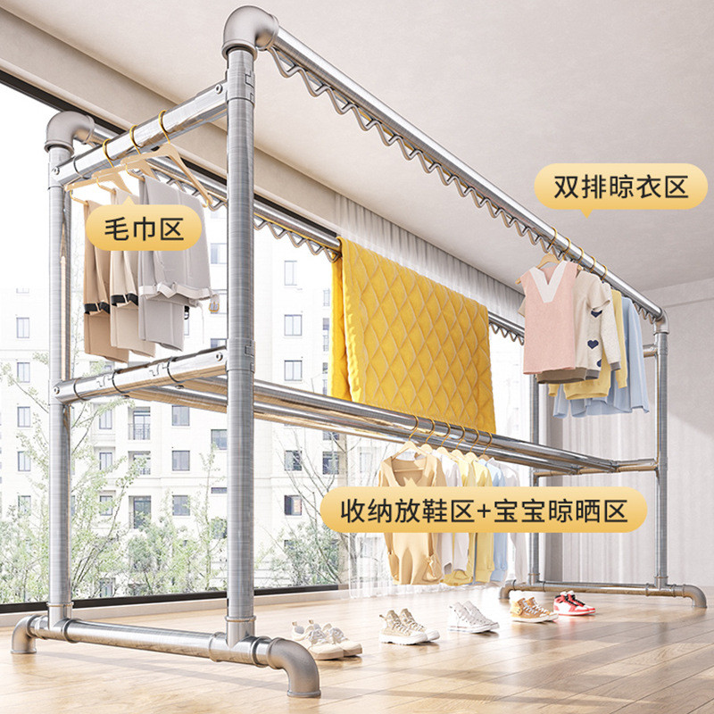 镀锌钢管晾衣架落地家用挂衣架室外阳台水管晒被子架子可移动衣架