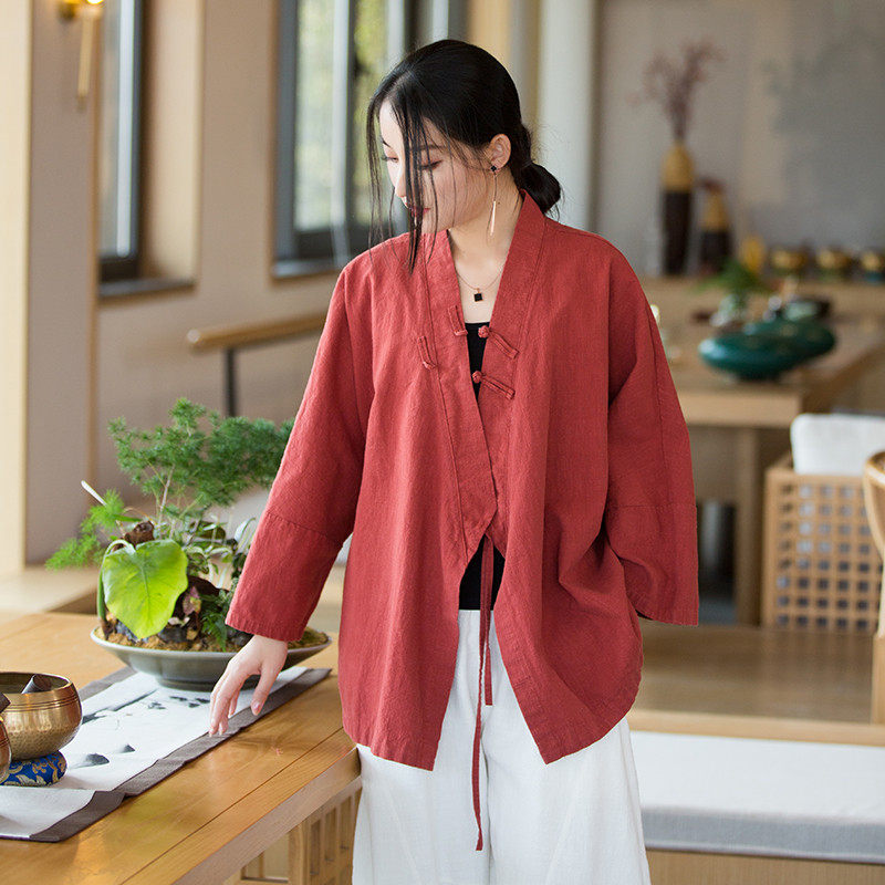盘扣女苎麻文艺禅茶服长袖偏襟系带中式短款开衫