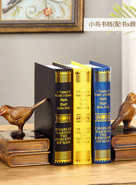 美式仿真书柜装饰书书房摆件复古小鸟创意动物书挡书考树脂装饰品