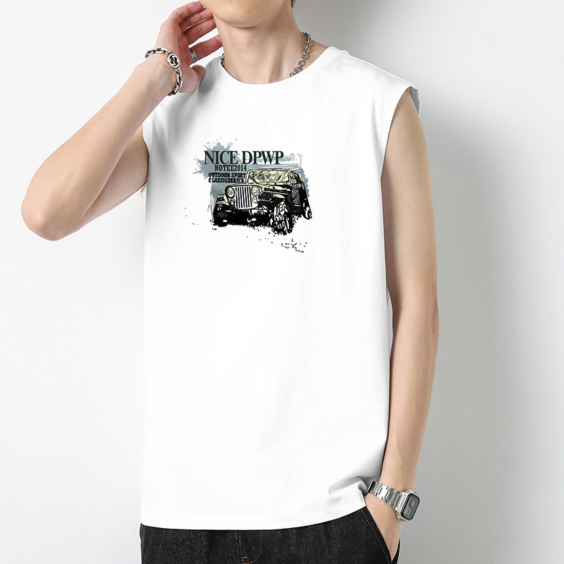 男士背心夏季纯棉白色无袖t恤宽松跨栏运动健身篮球印花坎肩汗衫