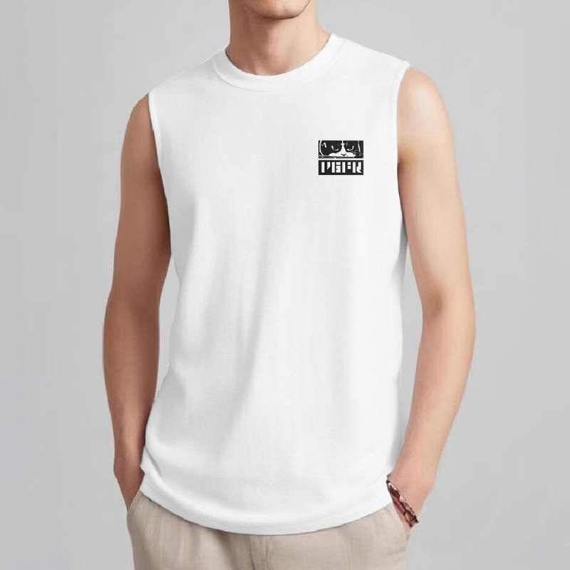 纯棉无袖t恤男士背心夏季健身运动坎肩猫咪印花白色汗衫篮球跨栏