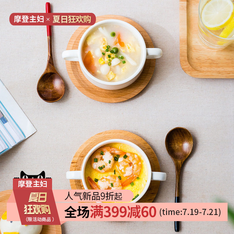 Western style white ceramic soup bowl with two ears for modern housewives