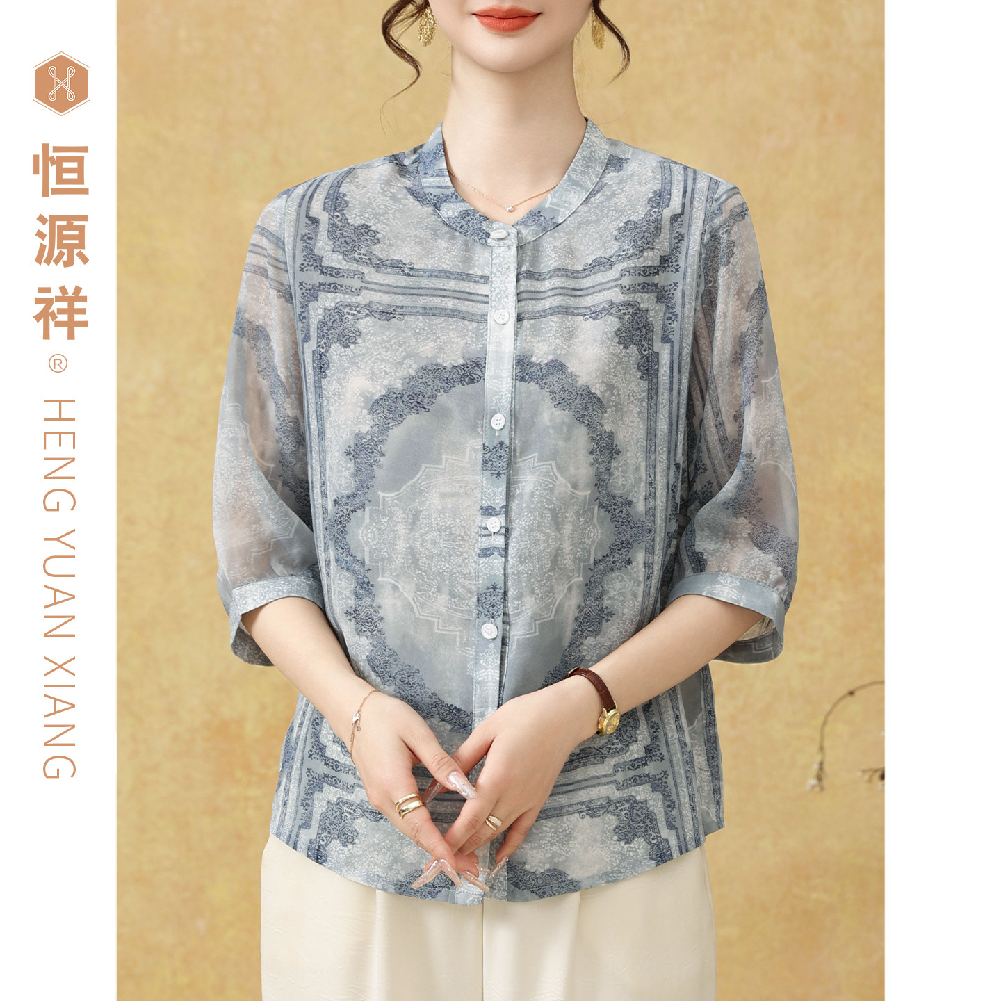 恒源祥妈妈装夏季青花瓷雪纺衫