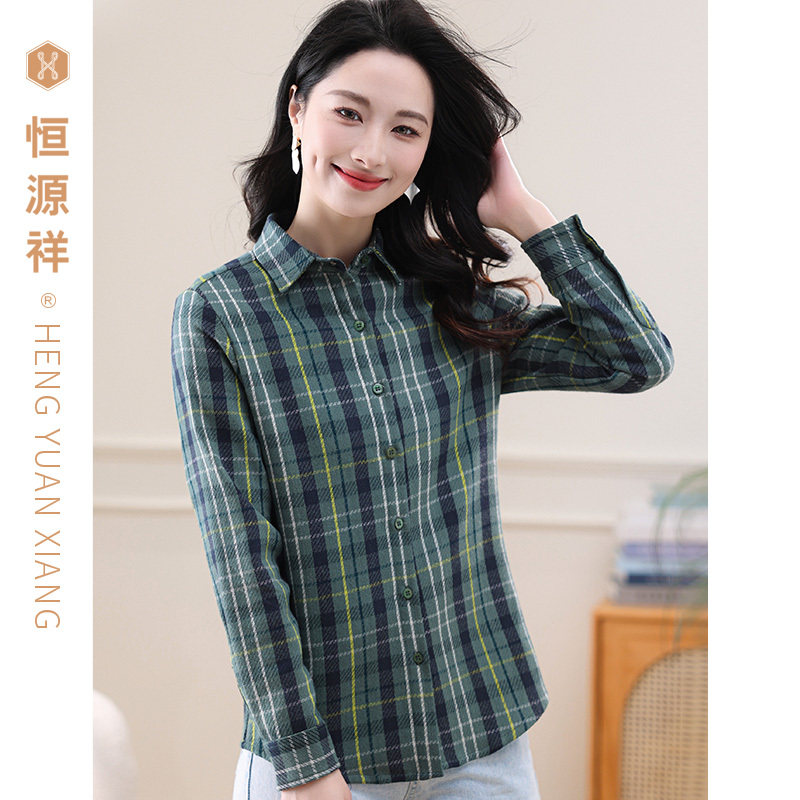 恒源祥100%棉格子长袖衬衫女春秋季日系大码文艺宽松纯棉学生衬衣