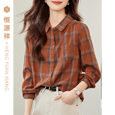 恒源祥100%棉格子衬衫女长袖春秋季宽松休闲纯棉文艺复古韩版上衣