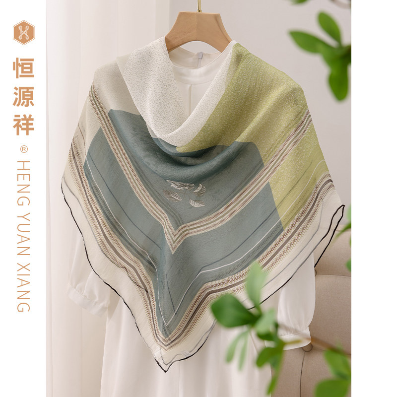 恒源祥真丝桑蚕丝夏季薄款丝巾女防晒透气长款披肩巾飘逸空调巾潮
