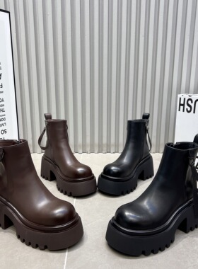 日本offcat黑色真皮短靴女鞋2025新款厚底粗跟圆头侧拉链8cm增高