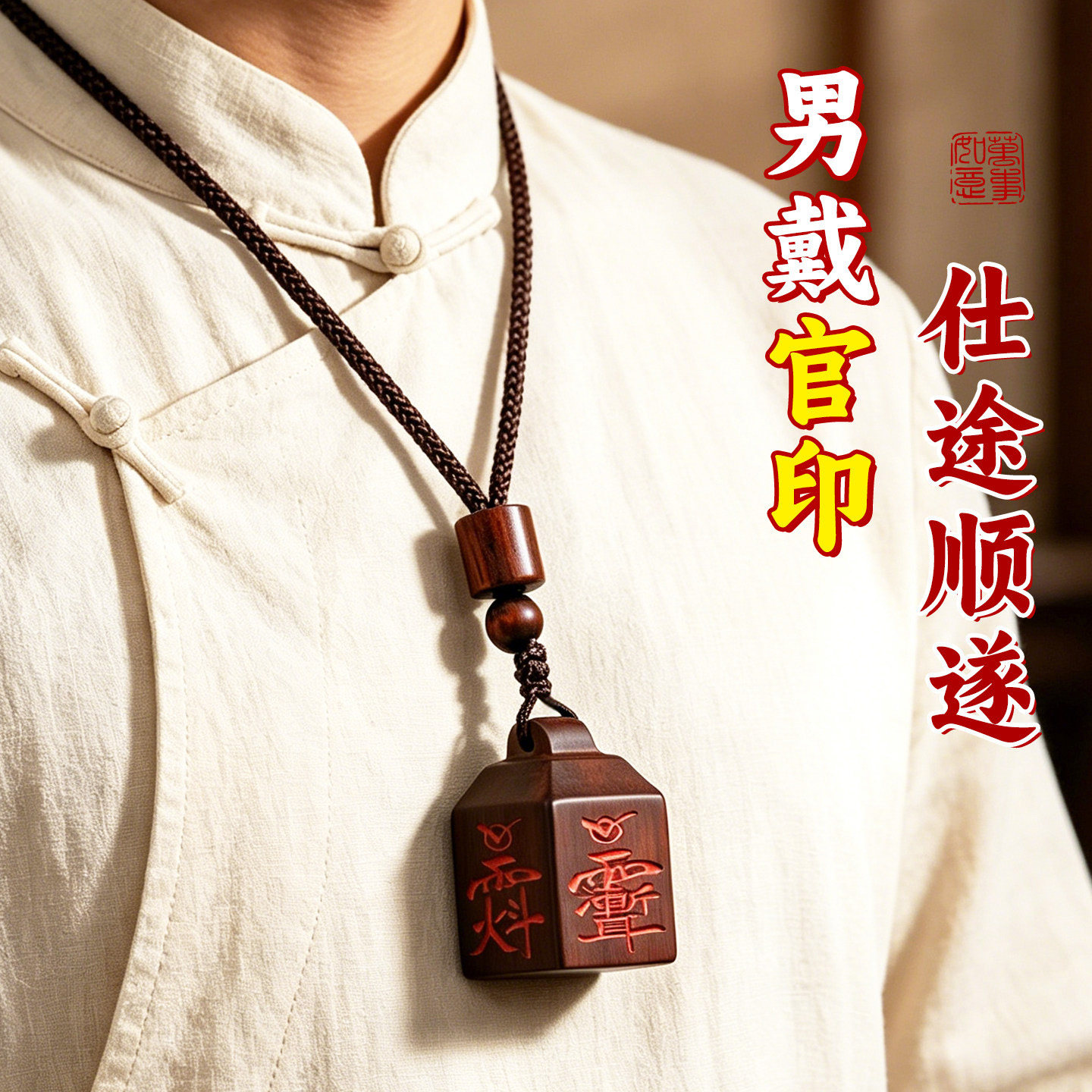 雷击枣木官印吊坠男款佩戴五路财神朱砂四面讳雕刻印章仕途顺遂