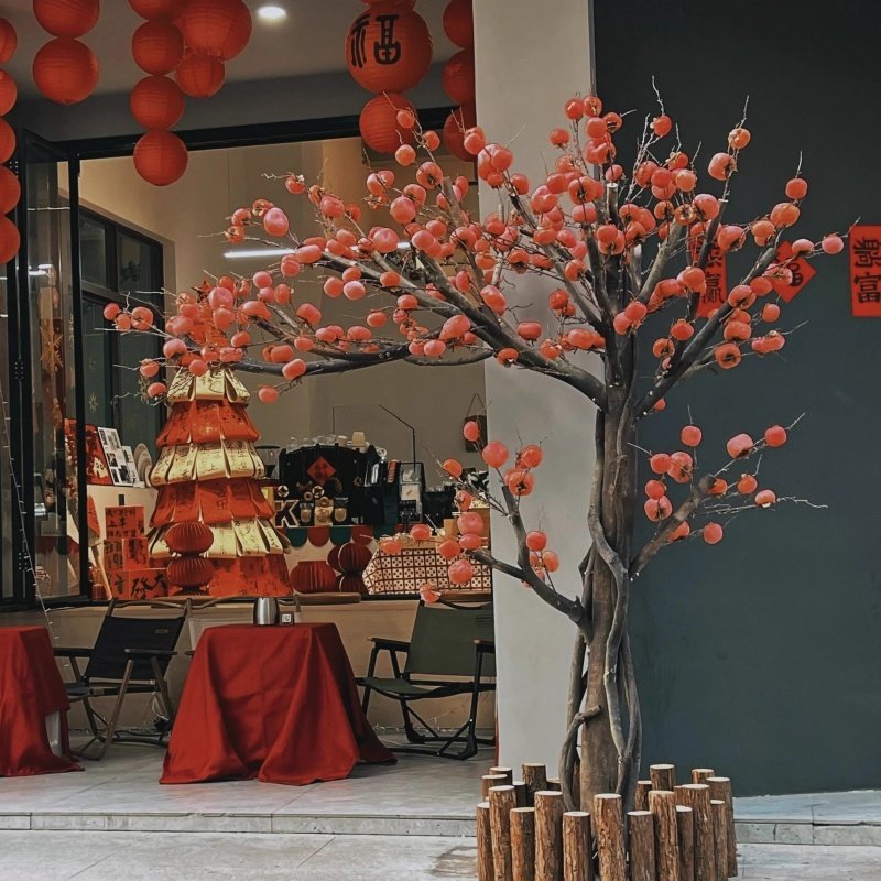 新中式仿真柿子树悬倒挂式橱窗酒店室内外落地装饰红果子新年造景