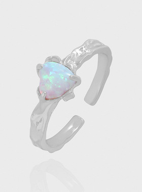 JZ810韩版INS小众设计褶皱肌理质感欧泊石戒指纯银S925不规则指环