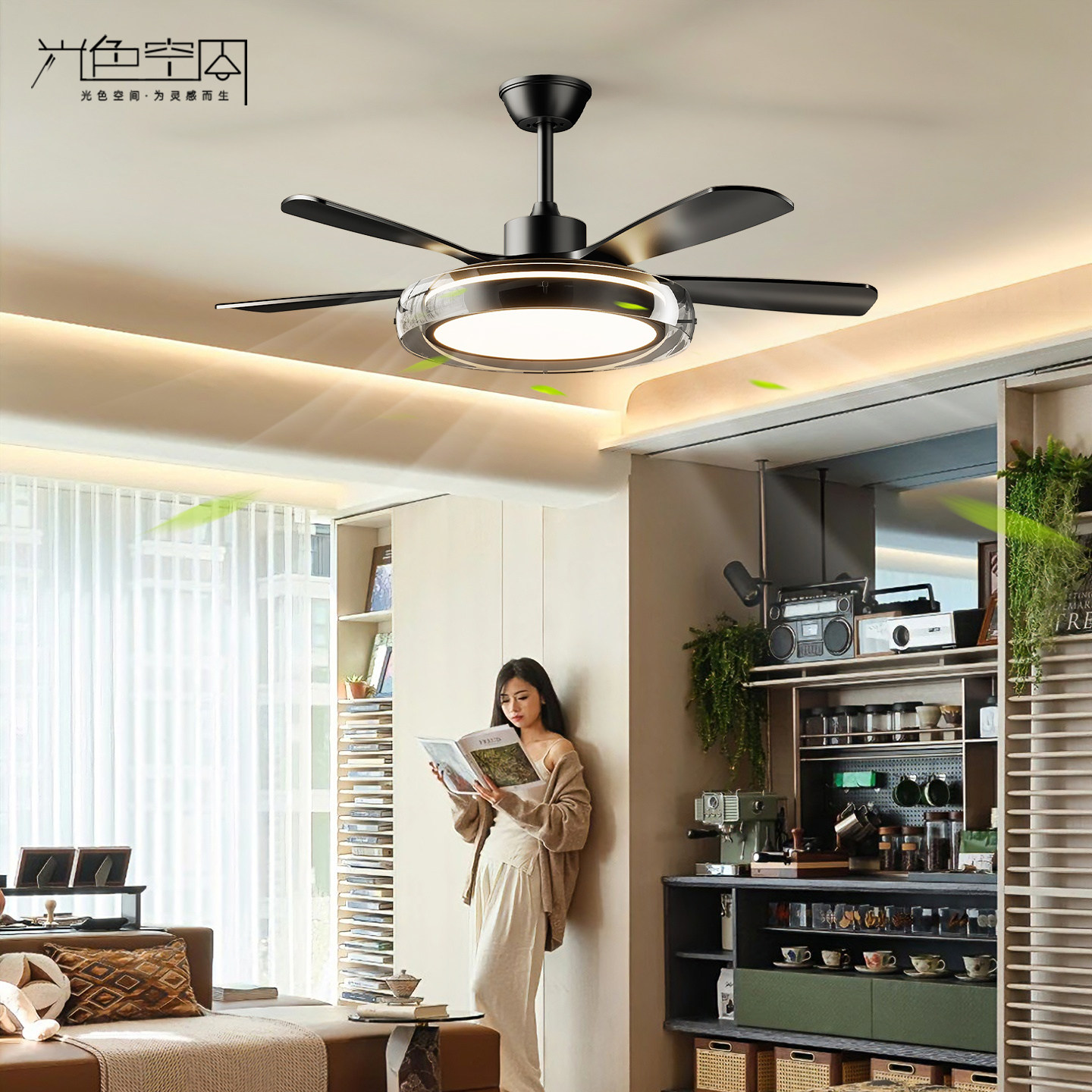 实木风扇灯接入米家中古风客厅一体电风扇灯卧室餐厅用电风扇灯