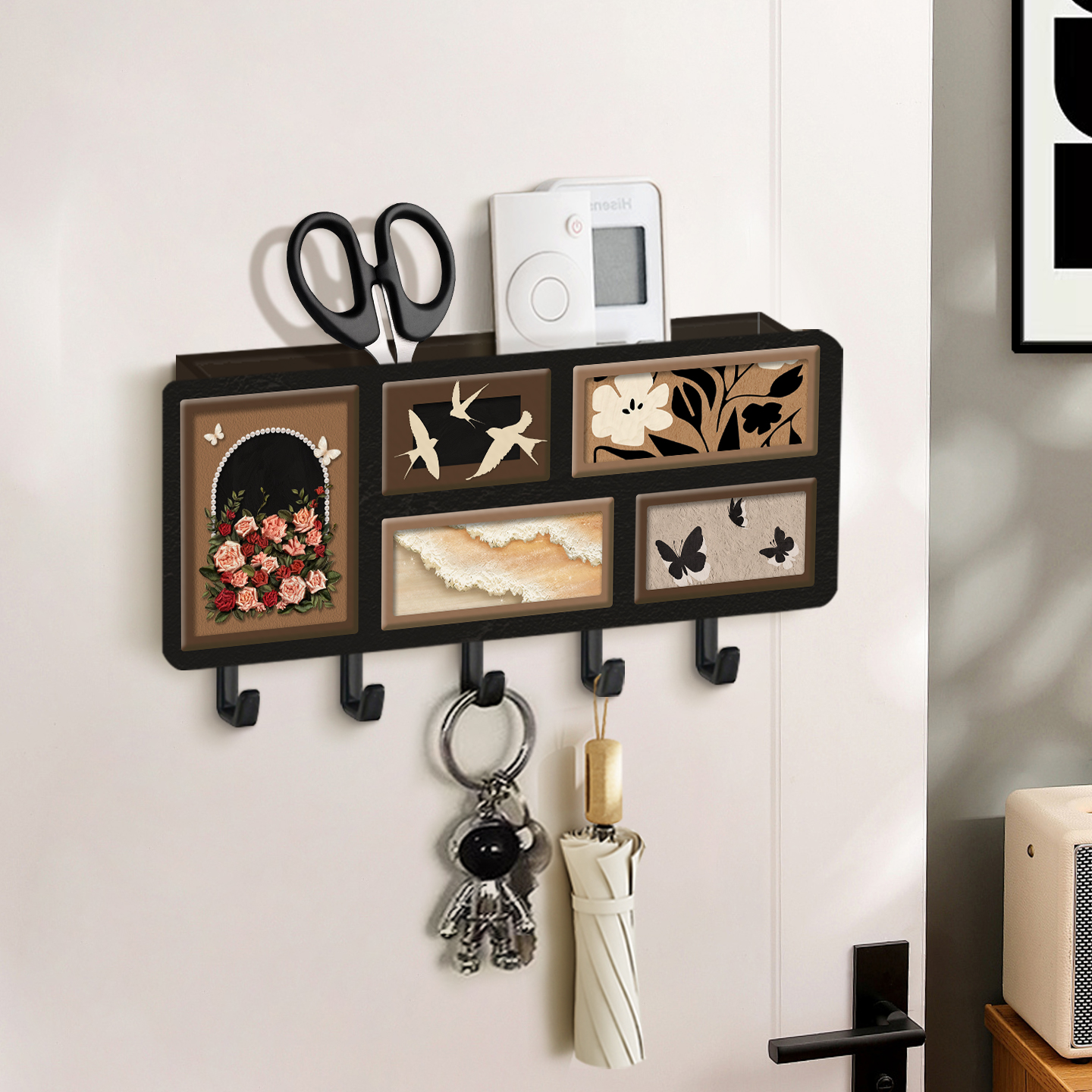中古风玄关钥匙挂钩免打孔入户置物架摆件壁挂式遥控器收纳盒